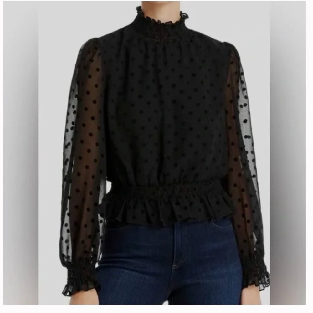 Lucy Paris Women's Black Polka Dot Ruffle Mockneck Keyhole Blouse Top Large